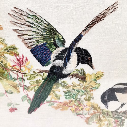 231 - Framed needlework picture of a pair of Magpie's 77 cm wide, 64 high, to include frame.