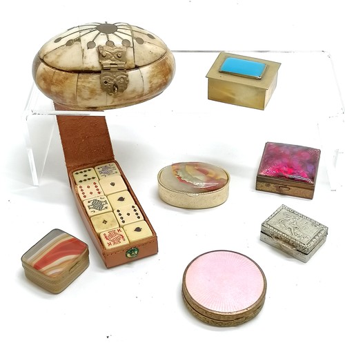 234 - 7 x vintage boxes inc agate panelled, 2 enamelled, camel bone / brass (9cm across) etc t/w poker dic... 