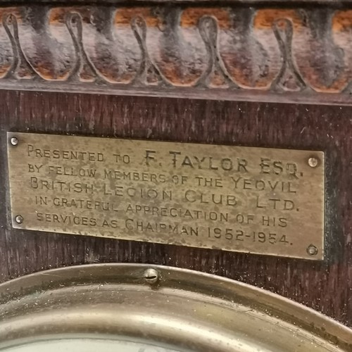 236 - Oak framed barometer, presented to F Taylor by the RBL Yeovil 1954, 28.5 cm wide, 36.5 cm high, t/w ... 