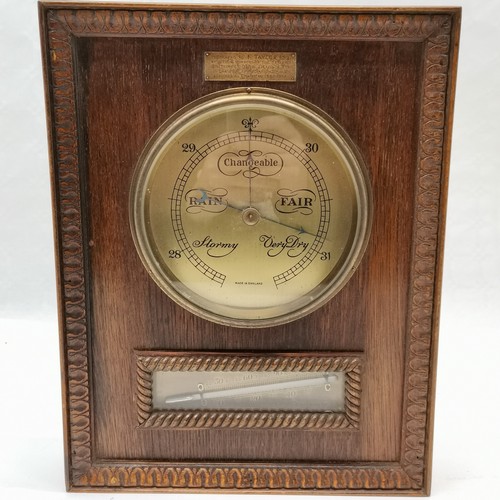 236 - Oak framed barometer, presented to F Taylor by the RBL Yeovil 1954, 28.5 cm wide, 36.5 cm high, t/w ... 