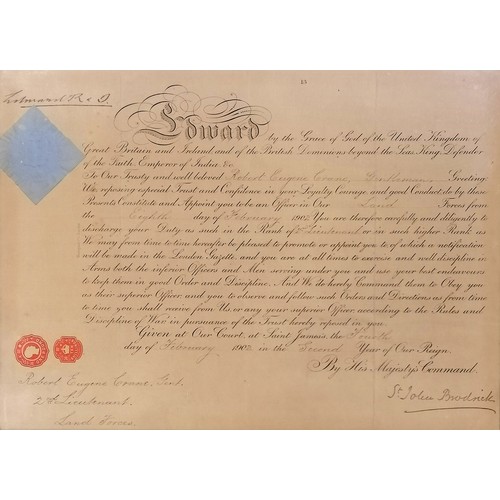 238 - 1902 framed document for appointment of Robert Eugene Crane as 2nd lieutenant in the Land Forces und... 