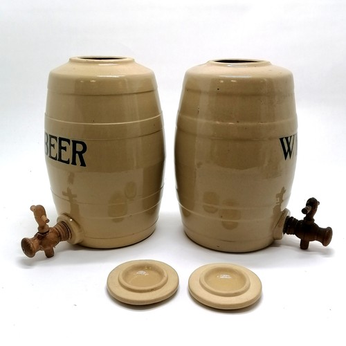 269 - Pair of stoneware drinks barrels with wooden taps - Wine & Beer ~ 32cm high & no obvious damage