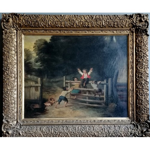 65 - Antique original oil painting on canvas of boys + gate after / in the school of 'As happy as a king'... 