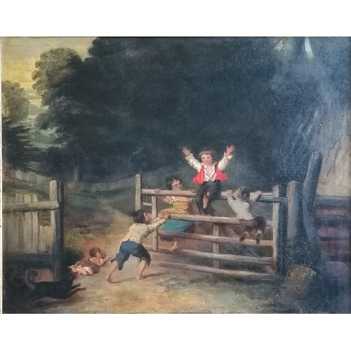 65 - Antique original oil painting on canvas of boys + gate after / in the school of 'As happy as a king'... 