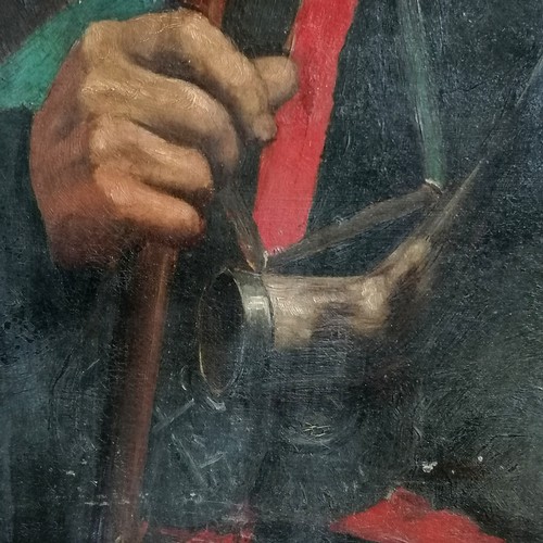 62 - Oil on canvas painting of a gentleman holding a staff - gilt gesso frame 91cm x 77cm