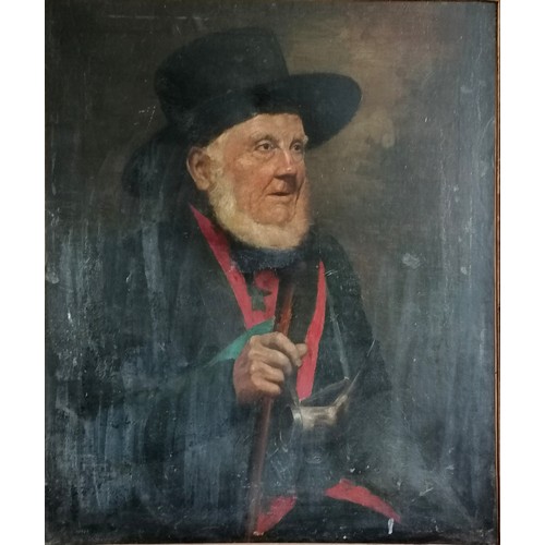 62 - Oil on canvas painting of a gentleman holding a staff - gilt gesso frame 91cm x 77cm