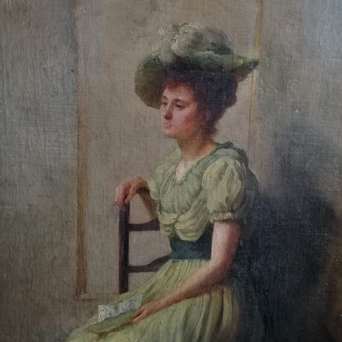 61 - Large oil on canvas painting of a seated lady (self portrait?) by Harriet Staite - frame 116cm x 85c... 