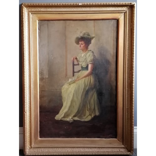 61 - Large oil on canvas painting of a seated lady (self portrait?) by Harriet Staite - frame 116cm x 85c... 