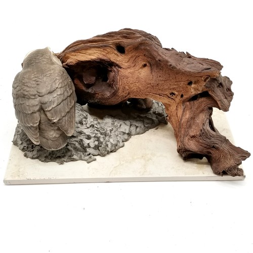 1 - Hand made sculpture of an owl peering over a piece of driftwood at a tasty mouse on a tile base - 30... 