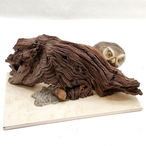 1 - Hand made sculpture of an owl peering over a piece of driftwood at a tasty mouse on a tile base - 30... 