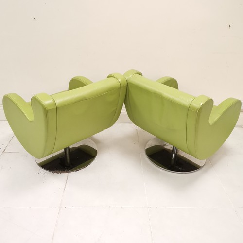 2 - Pair of lime green leather club armchairs on heavy chrome circular bases (1 needs attention) purchas... 