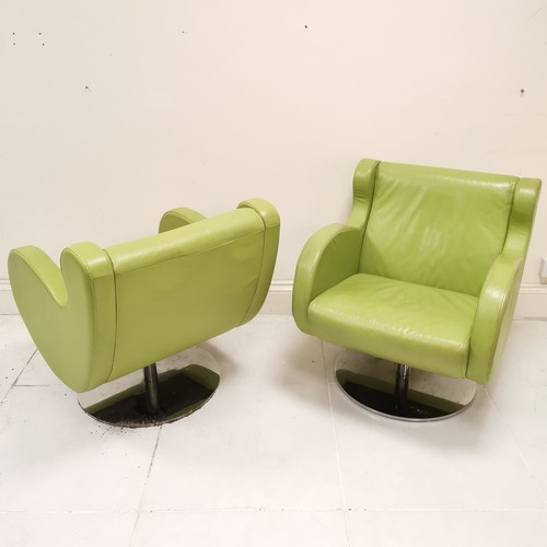 2 - Pair of lime green leather club armchairs on heavy chrome circular bases (1 needs attention) purchas... 