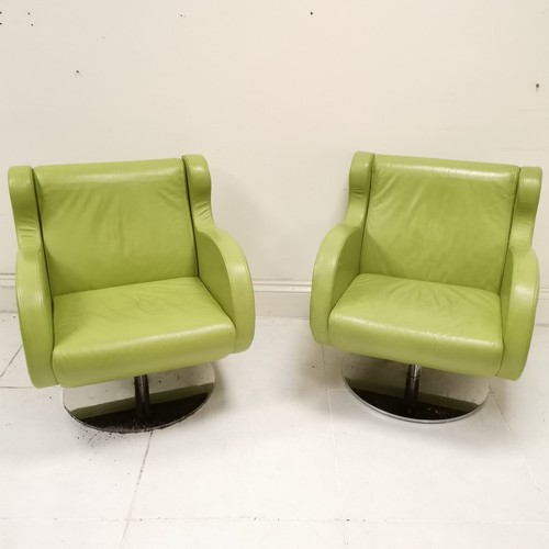 2 - Pair of lime green leather club armchairs on heavy chrome circular bases (1 needs attention) purchas... 