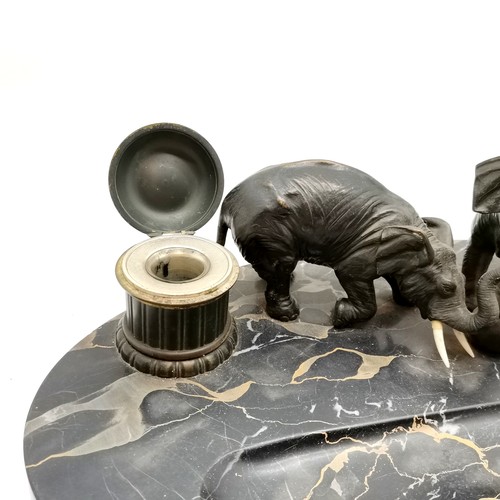 3 - French Art Deco marble desk stand with 2 bronze elephants & 2 inkwells (with glass liners) t/w match... 