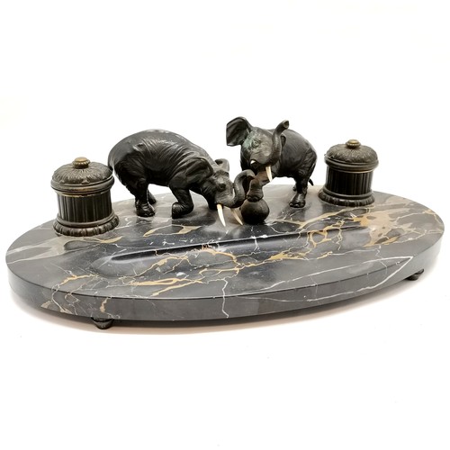 3 - French Art Deco marble desk stand with 2 bronze elephants & 2 inkwells (with glass liners) t/w match... 