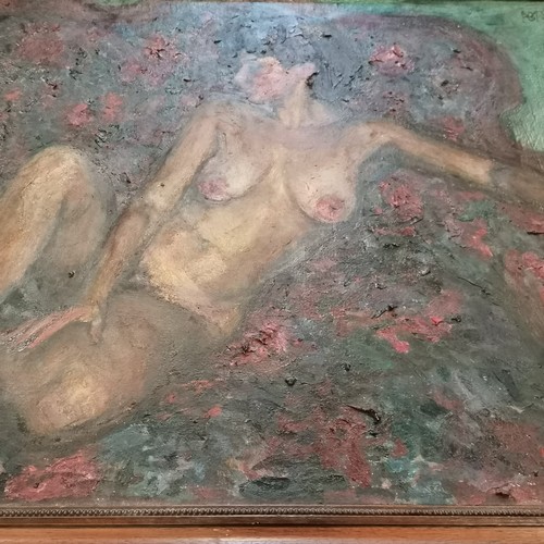 7 - Large signed (on reverse) oil painting on canvas of a nude lady sat in a chair titled 'Rococo' and d... 