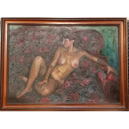 7 - Large signed (on reverse) oil painting on canvas of a nude lady sat in a chair titled 'Rococo' and d... 