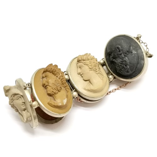 317 - Antique hand carved lava portrait cameo bracelet with large panels 2.6cm drop & 16.5cm long & has la... 