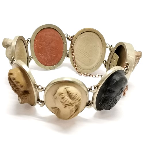 317 - Antique hand carved lava portrait cameo bracelet with large panels 2.6cm drop & 16.5cm long & has la... 