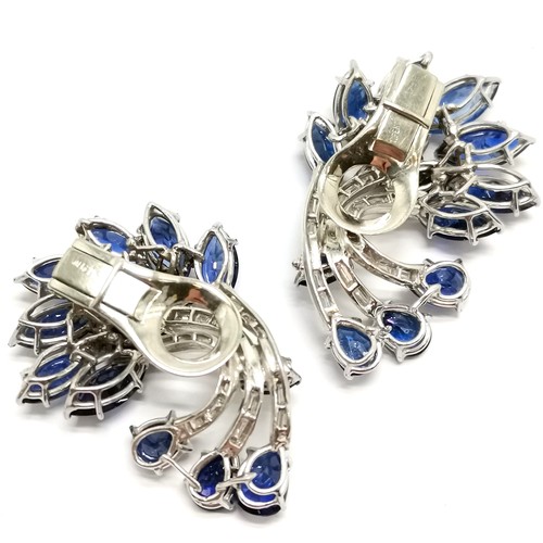 318 - Impressive pair of sapphire & diamond clip on earrings in unmarked white gold mounts (3.8cm drop) & ... 