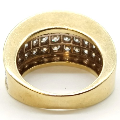 326 - Impressive 18ct gold (unmarked) ring set with 47 diamonds in 3 rows - size L & 10.4g total weight