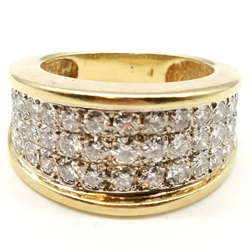 326 - Impressive 18ct gold (unmarked) ring set with 47 diamonds in 3 rows - size L & 10.4g total weight