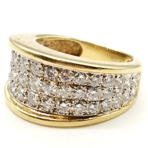 326 - Impressive 18ct gold (unmarked) ring set with 47 diamonds in 3 rows - size L & 10.4g total weight