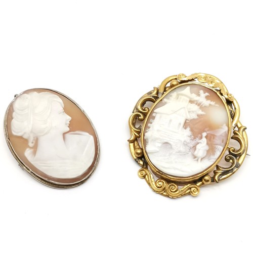 337 - 2 x antique hand carved cameo brooches - portrait brooch is 800 silver & the fancy gilt frame (6cm d... 