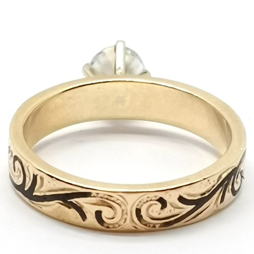 348 - 14ct marked gold high white stone set ring with enamel decoration and chased engraving - size N & 4.... 