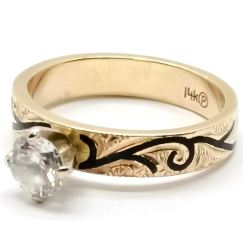 348 - 14ct marked gold high white stone set ring with enamel decoration and chased engraving - size N & 4.... 