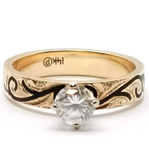 348 - 14ct marked gold high white stone set ring with enamel decoration and chased engraving - size N & 4.... 