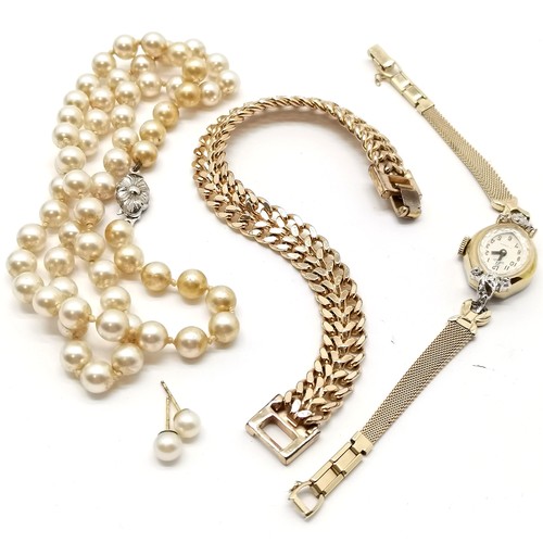 349 - Vulcain ladies watch, gold tone bracelet, pearl earrings & strand of pearls with silver clasp