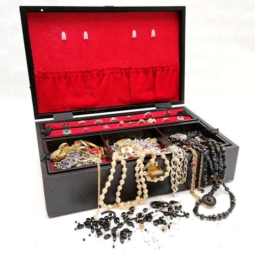 350 - Black jewellery box containing qty of jewellery inc 12 x silver rings (total weight 34g) - box 34cm ... 