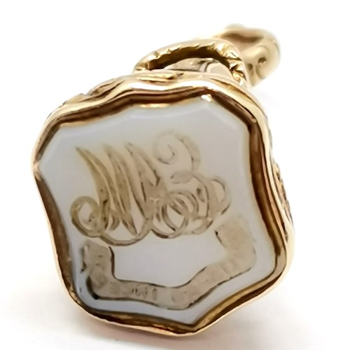 360 - Antique unmarked gold seal fob (touch tests as 18ct) with intaglio white stone initial EAM monogram ... 