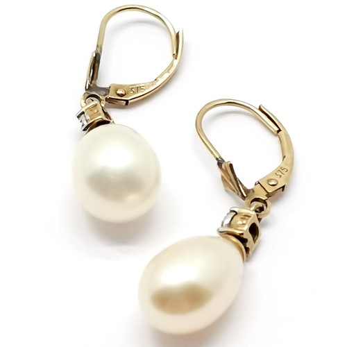 367 - Pair of 9ct pearl & diamond set drop earrings - 3cm & total weight 3.4g