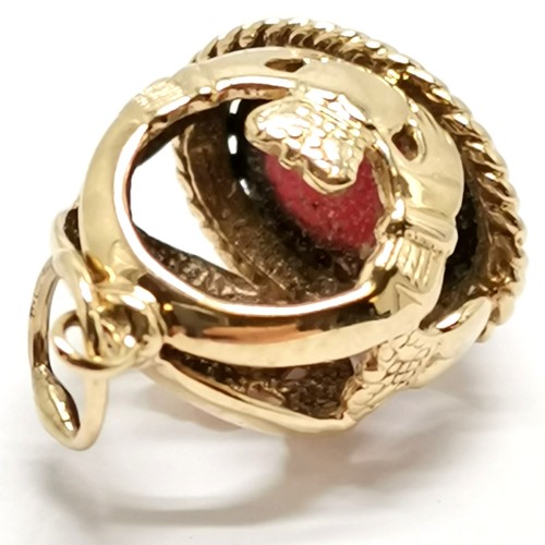 374 - 9ct hallmarked gold Claddagh pendant set with a red cabochon stone ~ 2.2cm drop & 2.9g total weight