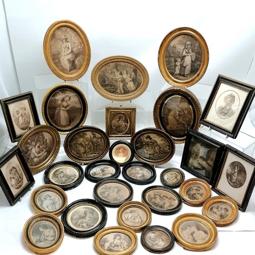 25 - Lifetime collection of antique original framed etchings / engravings inc Bartolozzi - largest 27cm a... 