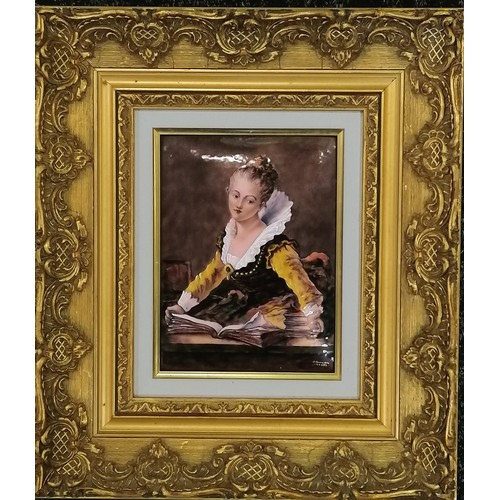 26 - Limoges signed (A Burcon?) enamel picture panel of a young lady reading - frame 38cm x 33cm ~ stress... 