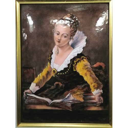 26 - Limoges signed (A Burcon?) enamel picture panel of a young lady reading - frame 38cm x 33cm ~ stress... 