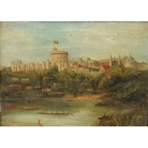 27 - Antique oil painting on canvas of Windsor castle from the riverbank showing rowing 8 crews signed on... 