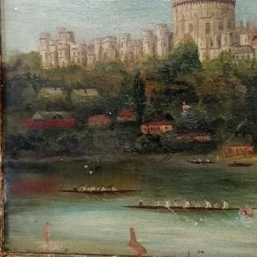 27 - Antique oil painting on canvas of Windsor castle from the riverbank showing rowing 8 crews signed on... 