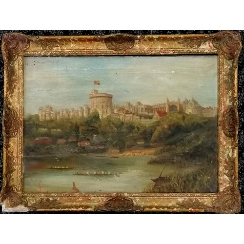 27 - Antique oil painting on canvas of Windsor castle from the riverbank showing rowing 8 crews signed on... 