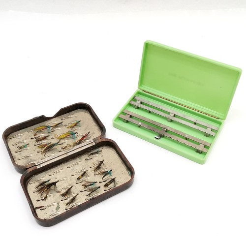 33 - Hardy Bros. bakelite fly box + flies (damage by clasp) t/w green bakelite Milwards fly box 'The flym... 