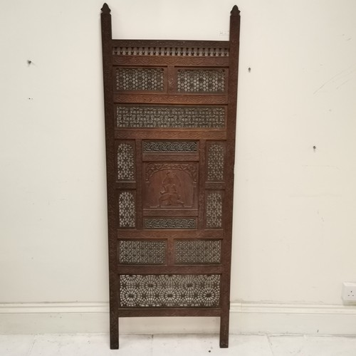 37 - Indian carved & fretwork decorated teak panel with central panel depicting Indian goddess - 61cm wid... 