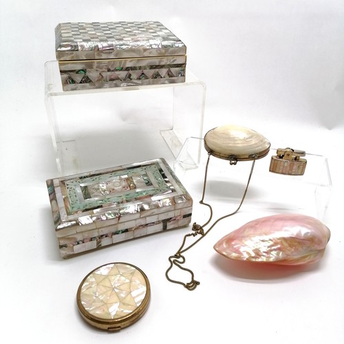 63 - 2 x mother of pearl / paua shell decorated boxes - largest 17cm x 13cm x 5.5cm and has some losses t... 