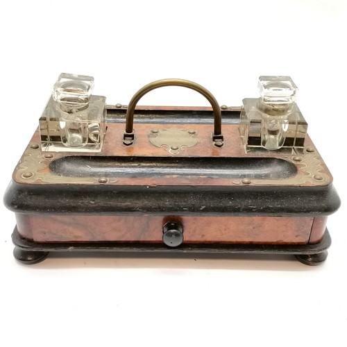 84 - Victorian brass mounted Gothic style walnut desk stand with drawer & 2 glass inkwells - 26cm wide x ... 