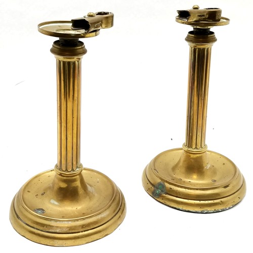 85 - Pair of antique brass corinthian column patent candlesticks with candle clamps - 22cm high & no obvi... 