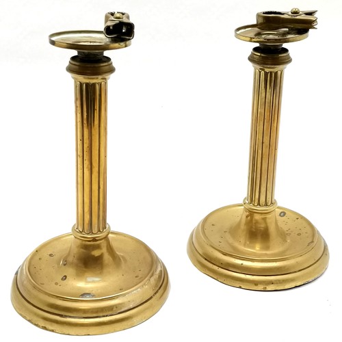 85 - Pair of antique brass corinthian column patent candlesticks with candle clamps - 22cm high & no obvi... 