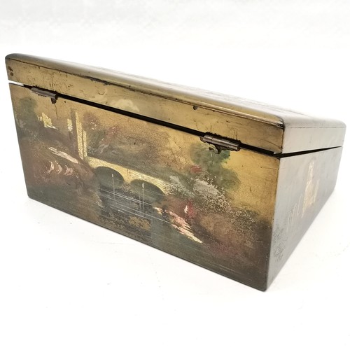 186 - Antique papier mache hand painted stationery box decorated with castle scenes & fitted interior with... 