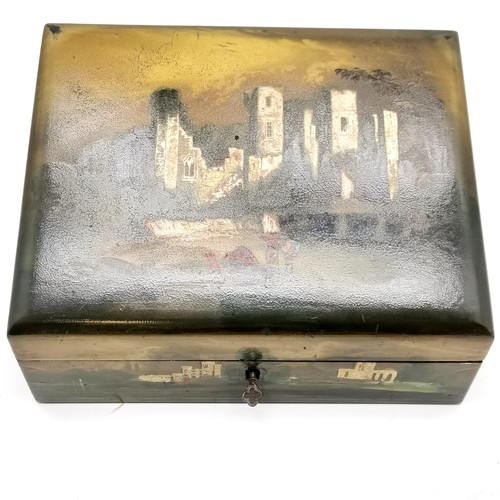 186 - Antique papier mache hand painted stationery box decorated with castle scenes & fitted interior with... 